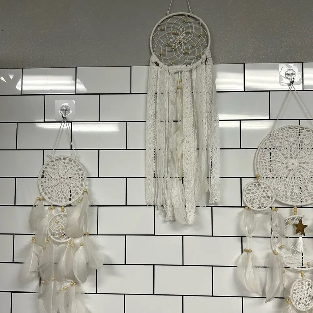Boho Cream Dreamcatcher Wall Set 6pc Lace Feather Crochet Hanging Decor - Picture 3 of 9
